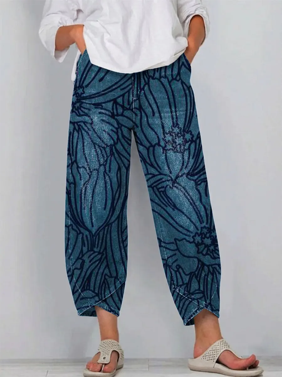 Women's Vintage Floral Pattern Art Print Casual  Denim Pants