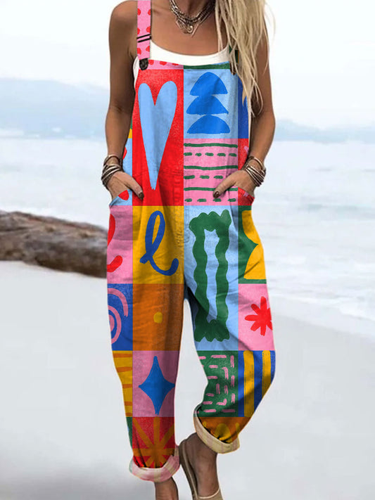 Women's Colorful Mosaic Art Print Casual Cotton Wide Leg Jumpsuit