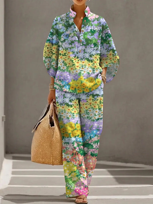 Women's Floral Art Print Casual 3/4 Sleeve Top And Pants Cotton Linen Suits