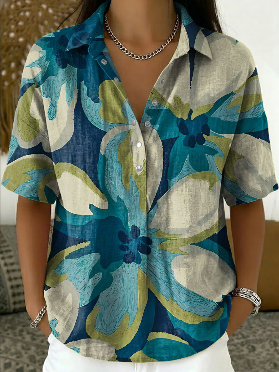 Women's Vintage Botanical Floral Casual Polo Collar Short-sleeved Linen And Cotton Shirt
