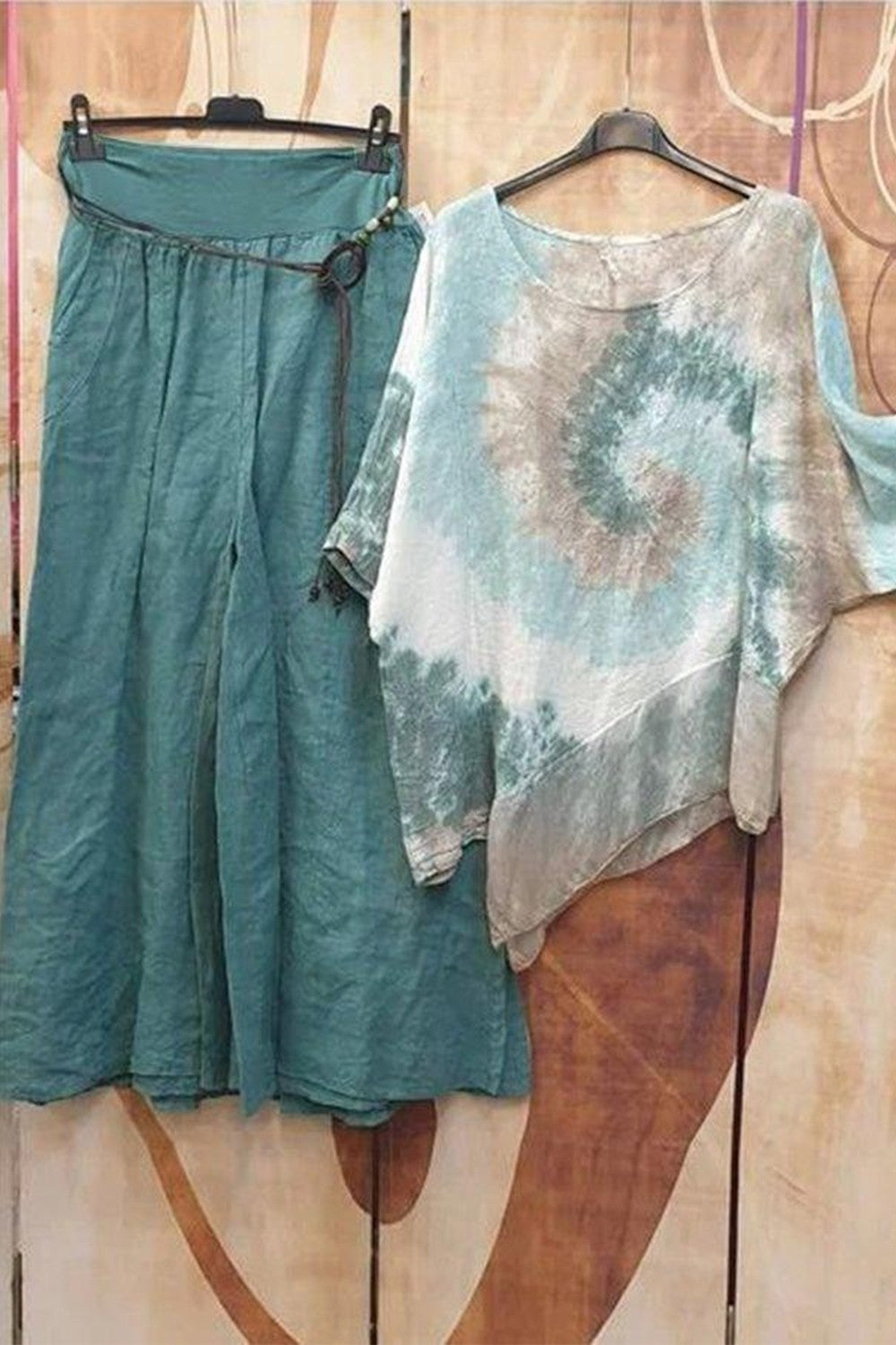 Tie-dye Print Irregular Hem Short Sleeves Two Piece Suit