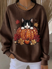 Casual Cat Crew Neck Long Sleeve Sweatshirt