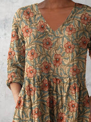 Women's Retro Floral Art Print Casual Cotton And Linen V-neck Top