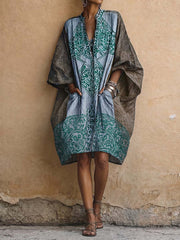 Women's Vintage-Print V-Neck 3/4-Sleeve Casual Loose Cotton-Linen Dress