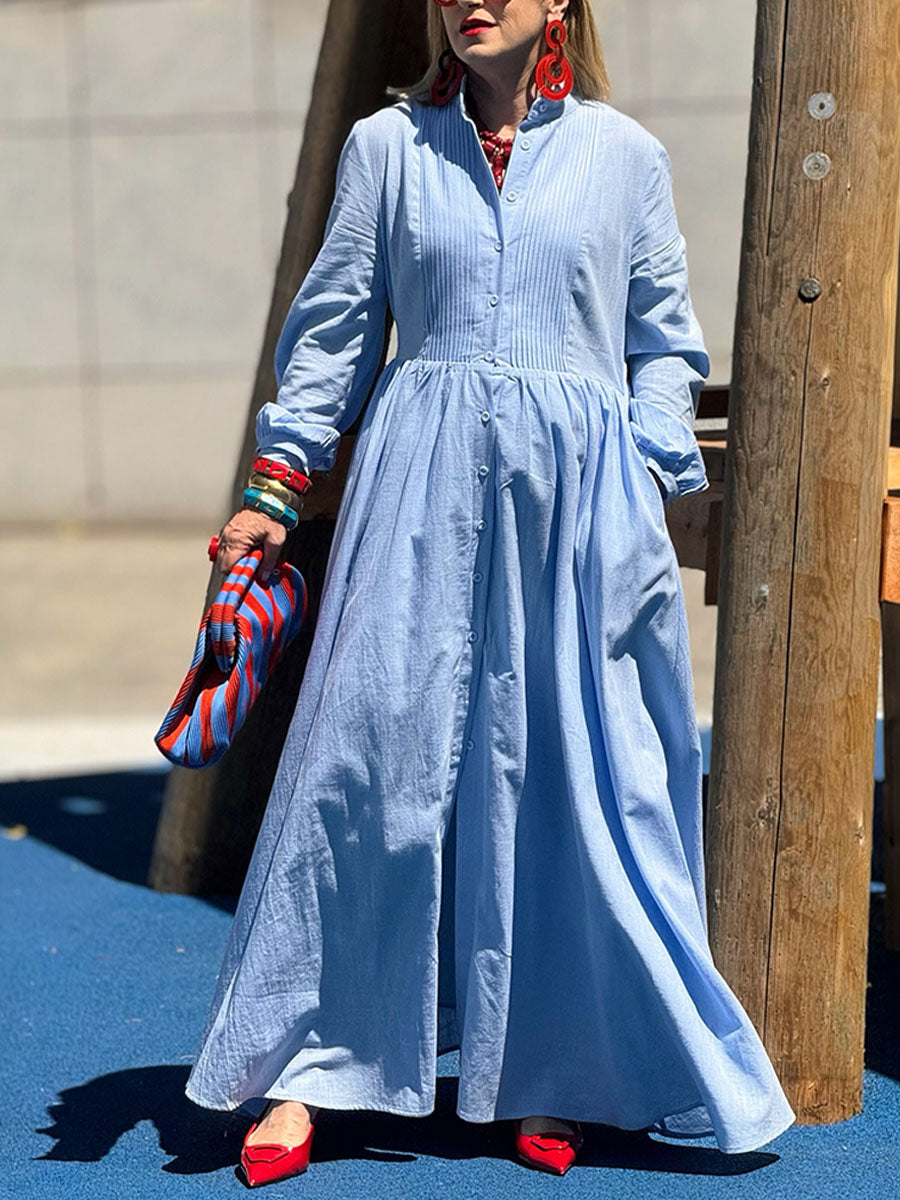 Women's Solid-color Pleated Long Cotton Dress