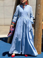 Women's Solid-color Pleated Long Cotton Dress
