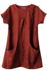Plain Pockets Round Neck Short Sleeves Blouse