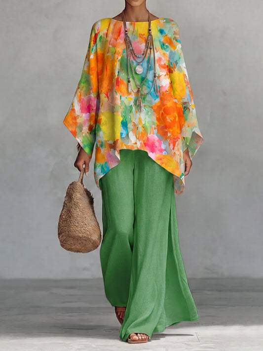 Retro Floral Print Cotton-linen Two-piece Set