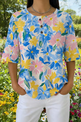 Womens Blue Yellow Summer Floral Print Casual Waffle Cotton Shirt