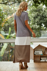 Stripe Patchwork V-neck Short Sleeves Maxi Dress