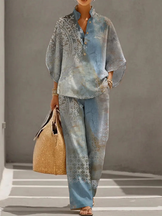 Women's Retro Floral Art Print Casual 3/4 Sleeve Top And Pants Cotton Linen Suits