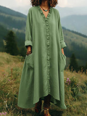 Textured Cotton V-Neck Ruffle-Trim Maxi Dress with Pockets