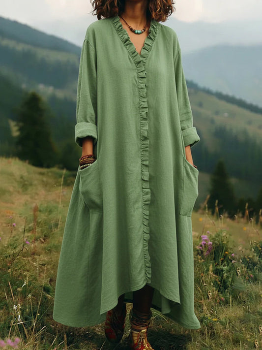 Casual Ruffle-Trim V-Neck Long Dress with Pockets