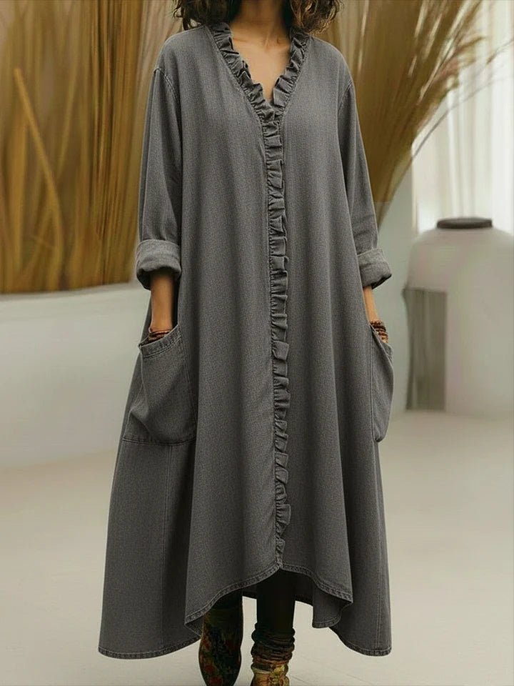 Loose Fit V-Neck Ruffle Placket Maxi Dress