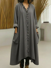 Relaxed Ruffle-Trim V-Neck Maxi Dress with Pockets