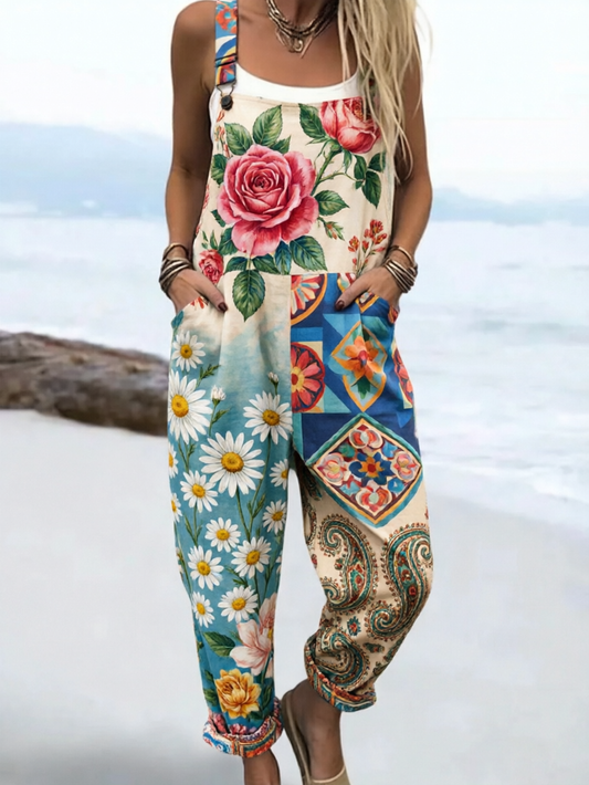 Women's Boho Chic Mixed Print Patchwork Sleeveless Overalls Jumpsuit