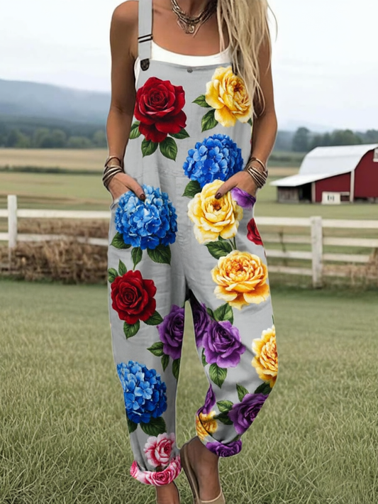 Women's Vintage Rose and Hydrangea Print Sleeveless Loose Jumpsuit