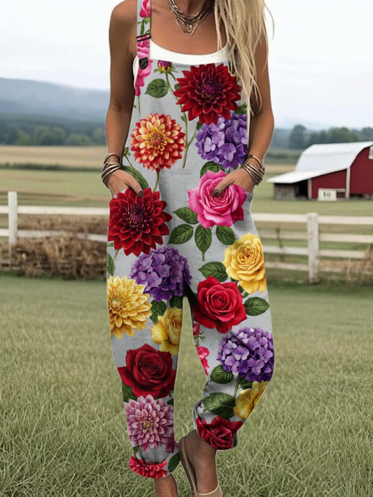 Women's Vintage Rose and Dahlia Print Sleeveless Wide Leg Jumpsuit