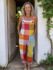 Women's Colourful Art Plaid Print Casual Cotton Linen Wide Leg Jumpsuit