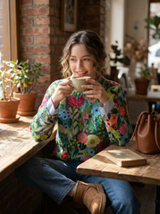 Women's Vintage Lovely Floral Art Print Knit Turtleneck Pullover Sweater