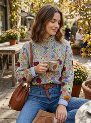 Vintage Lovely Floral Art Print Knit Turtleneck Pullover Sweater