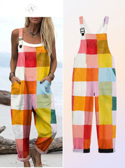 Women's Colourful Art Plaid Print Casual Cotton Linen Wide Leg Jumpsuit