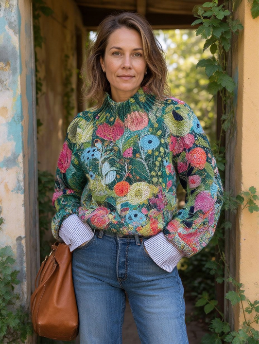 Women's Vintage Lovely Floral Art Print Knit Turtleneck Pullover Sweater