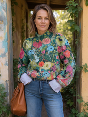 Women's Vintage Lovely Floral Art Print Knit Turtleneck Pullover Sweater