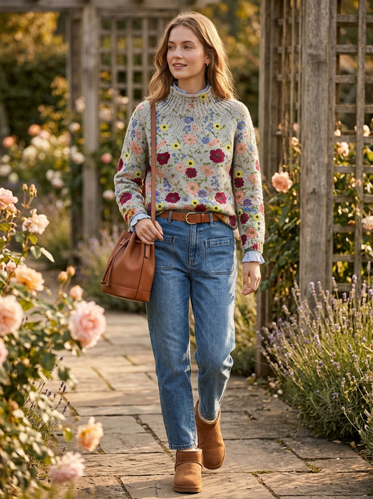 Vintage Lovely Floral Art Print Knit Turtleneck Pullover Sweater