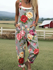 Women's Vintage Floral Print Sleeveless Loose Fit Jumpsuit