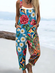 Casual Women's Colorful Art Print Loose Fit Beach Jumpsuit with Pockets