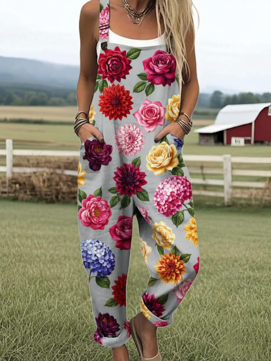 Women's Vintage Floral Art Print Casual Cotton Linen Wide Leg Jumpsuit