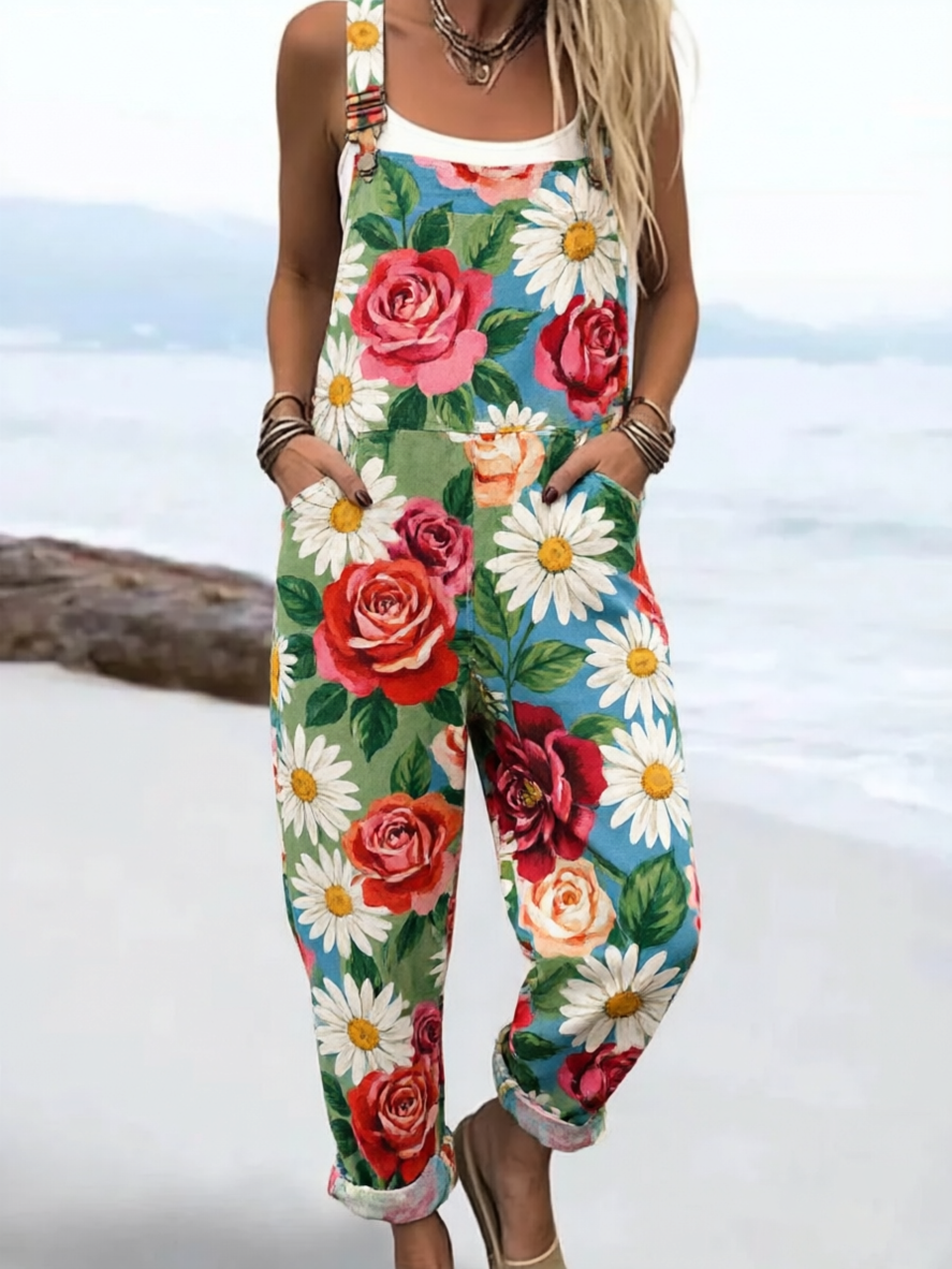 Women's Vintage Rose and Daisy Print Sleeveless Loose Jumpsuit