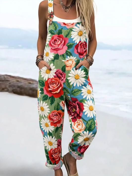 Women's Vintage Rose and Daisy Print Sleeveless Loose Jumpsuit