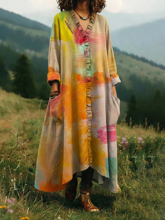 Relaxed V-Neck Ruffle Hem Maxi Dress with Pockets