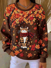 Casual Cat Crew Neck Long Sleeve Sweatshirt