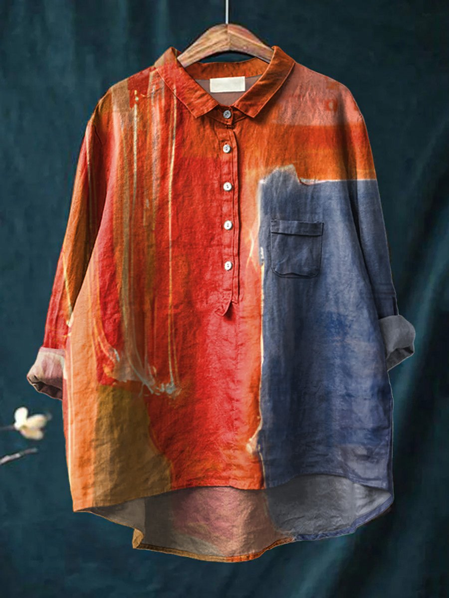 Women's Abstract Watercolor Simple Color Matching Modern Art Print Casual Cotton And Linen Shirt