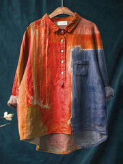 Women's Abstract Watercolor Simple Color Matching Modern Art Print Casual Cotton And Linen Shirt