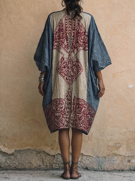 Women's Vintage-Print V-Neck 3/4-Sleeve Casual Loose Cotton-Linen Dress