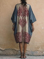 Women's Vintage-Print V-Neck 3/4-Sleeve Casual Loose Cotton-Linen Dress