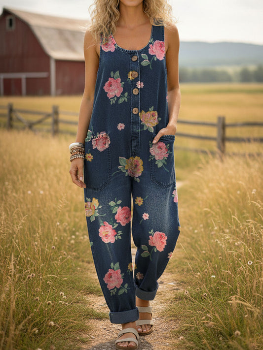 Women's Country-style Flowers Print Casual Denim Jumpsuit
