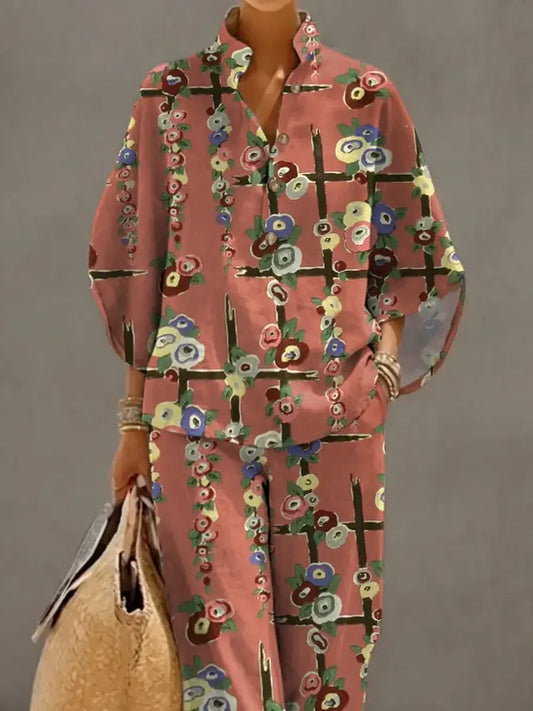 Women's Retro Floral Art Print Casual 3/4 Sleeve Top And Pants Cotton Linen Suits