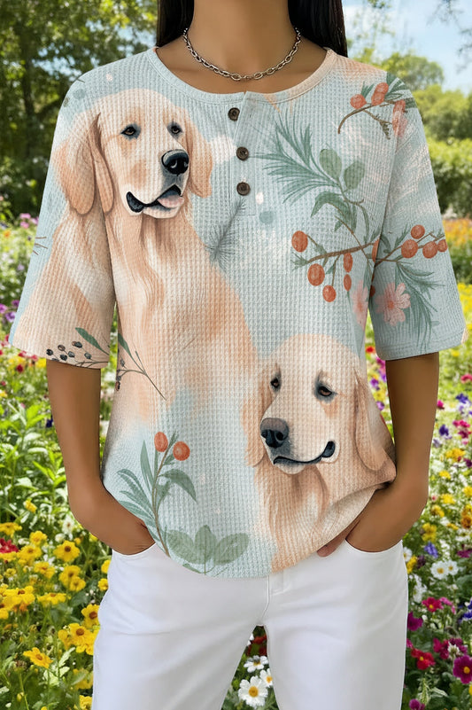 Womens White Golden Retriever Floral Print Casual Waffle Cotton Shirt