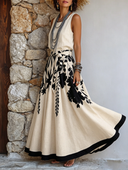 Womens Artistic Floral Leaf Print Cotton Linen Top And Skirt Set