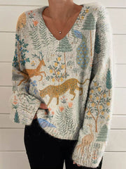 Women's Lovely Animals Floral Art Print Casual V-neck Knit Pullover