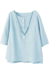 Solid Color Buttons Round Neck 3/4 Sleeves Shirts