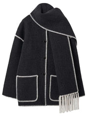 Women's Thickened Loose Woolen Coat with Scarf and Tassels