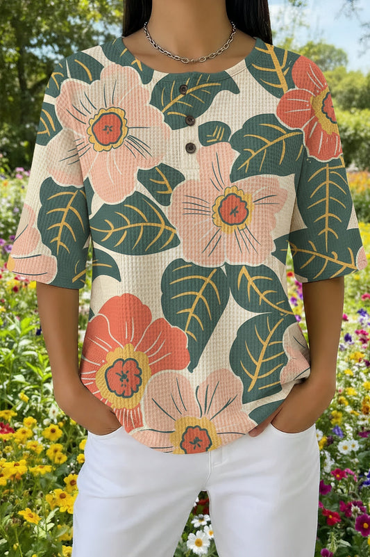 Womens Botanical Floral Print Casual Waffle Cotton Shirt