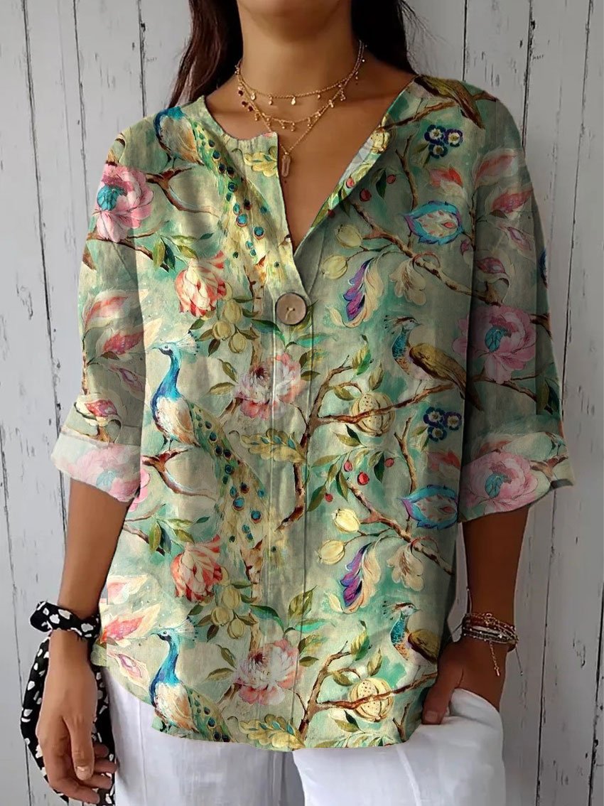 Women's Flower Print Casual Cotton Linen Shirt