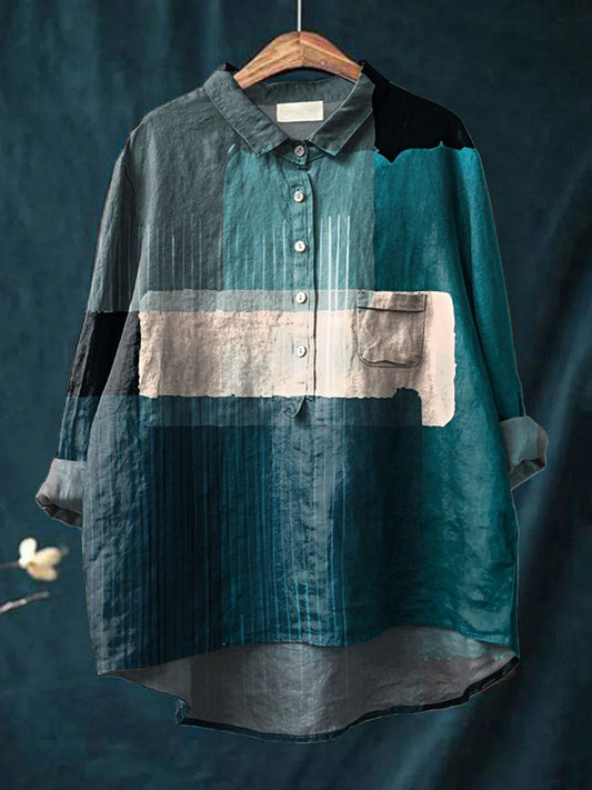 Women's Abstract Simple Color Matching Modern Art Print Casual Cotton And Linen Shirt